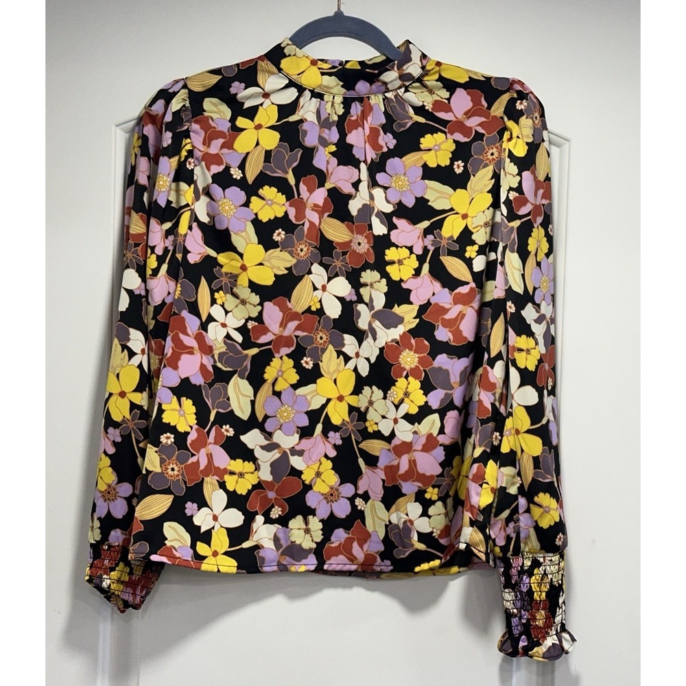 Bohemian Garden High Neck Pleated Blouse Puff Long Sleeve - X-Small